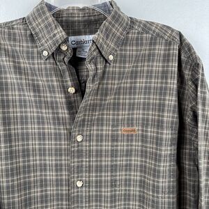 Carhartt Men Medium Olive Green Plaid Long Sleeve Button-Up w/ Leather Logo Tag